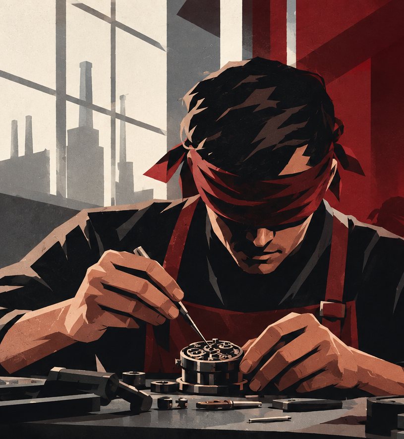 Illustration: a blindfolded watchmaker assembling a movement by touch